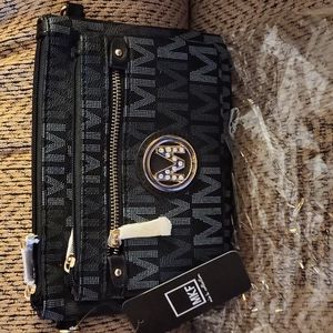NWT MKF black, gray & white cross body purse with rhinestone logo